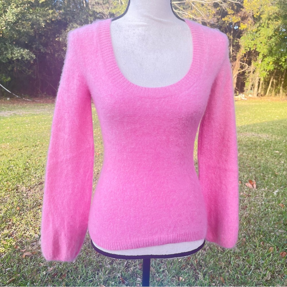 100% CASHMERE OLD NAVY BARBIE PINK SCOOP NECK SWEATER BUBBLE SLEEVE